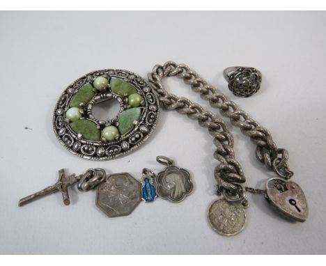 Sterling silver charm bracelet, ring, miracle brooch etc 