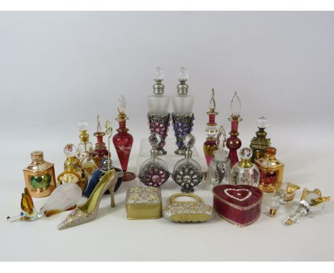 Large selection of Perfume bottles, enamel trinket boxes etc.