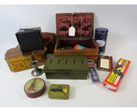 Mixed Collectables lot to include vintage tins, camera, sewing box and contenets etc.