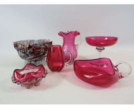 Victorian End of day art glass bowl and a selection of cranberry glass.