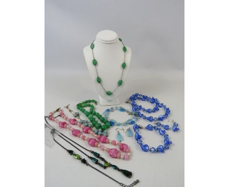 Selection of vintage and modern glass and semi precious stone costume jewellery.