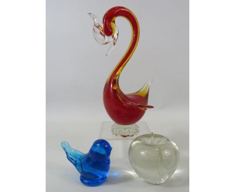 Murano art glass bird 8.5" tall plus a signed blue bird paperweight and a glass apple.