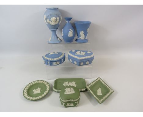 8 Pieces of Wedgwood Jasperware in light blue and green plus one other vase.