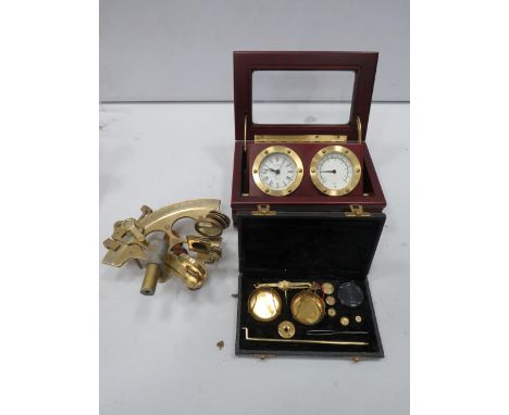 Brass sextent, Set of travel scales and a Danbury desk top clock and thermometer.