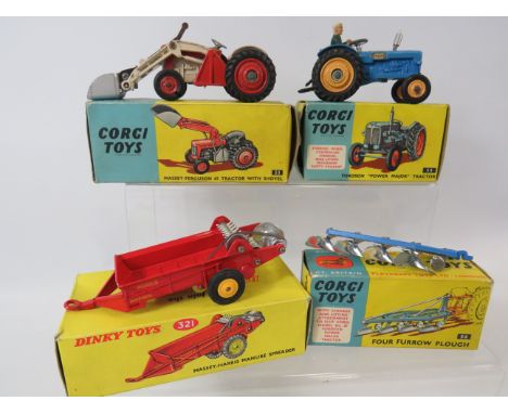 Three Boxed Corgi Die Cast Agricultural Models. All boxed, Light playworn,  Plus a Dinky 321 Manure Spreader in excellent con