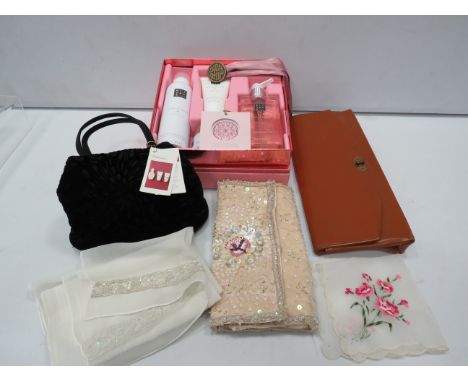 Mixed lot to include a Ritual of Sakura gift set plus one other gift, vintage handbag, scarf etc