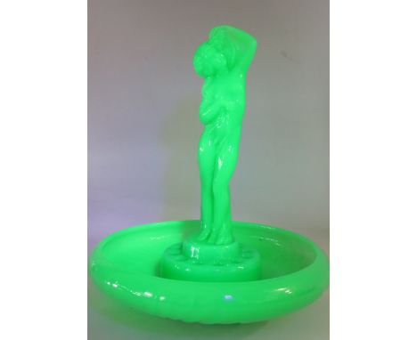 Jobling art deco Uranium Jadeite glass nude lady figurine &amp; bowl. 11" tall. (please note there is a crack in the frog)