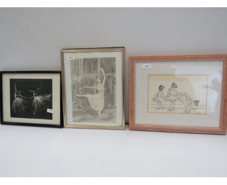 Two Hand drawn sketches of Dancers plus one print. See photos. 