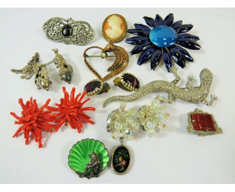 Selection of very pretty costume brooches together with a Silver and Enamel Shell brooch and Silver framed glass bird pendant