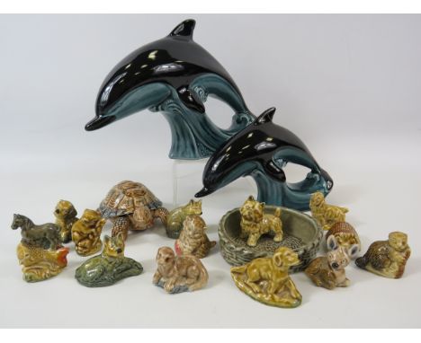 2 Poole pottery Dolphins and a selection of wade whimsies etc.