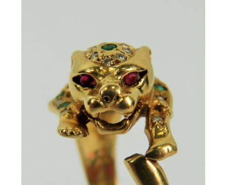 18ct Yellow Gold Ring shaped as a Big Cat, Leopard or Jaguar head and neck. Set with Diamonds, Emeralds and Rubies. Finger si