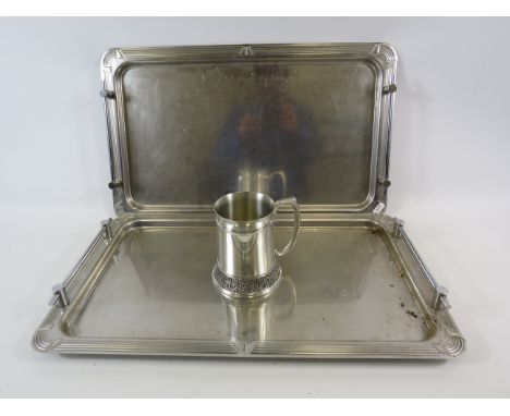 2 Art deco style metal serving trays and a Royal Selangor pewter tankard.