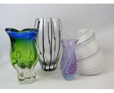 3 art glass vases and a frosted glass vintage light shade.