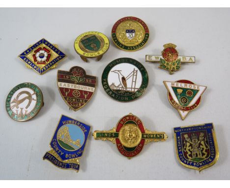 11 vintage enamel pin badges relating to bowling and Womens institute.