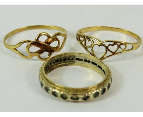 Two Gold rings, no hallmark visable but testing to 9ct together with one other Silver/Gold Composited stone set ring.  See ph
