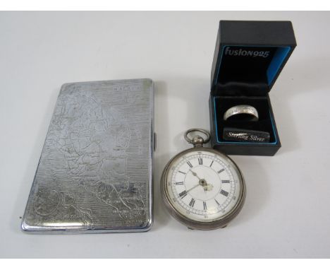 Sterling pocket watch ( spares or repair), Sterling silver lord of the rings ring and a white metal cigarette case.
