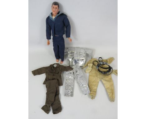 Vintage Palitoy Action Man plus selection of clothes to include Diving suit and weight belt.  See photos.