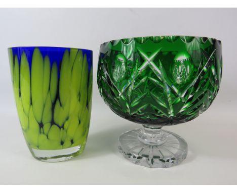 Bohemian Emerald crystal cut to clear fruit bowl 7 3/4" tall and 7 3/4" diameter plus a art glass vase.