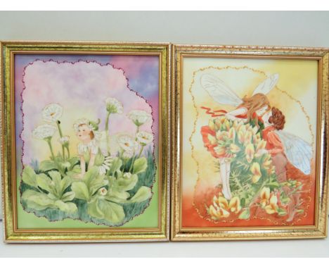 Two very pretty images of fairies hand painted onto ceramic.  Both framed which measure 10 x 9 inches. .  See photos. 