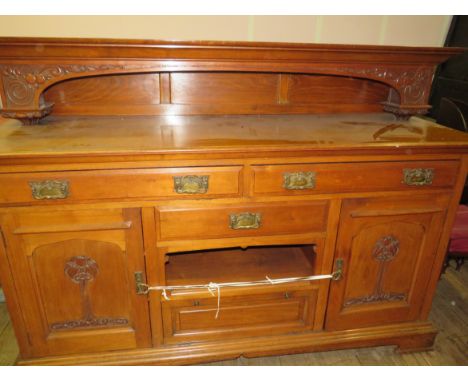 Light oak art nouveau carved chiffonier 49" tall, 72" wide 24" deep.