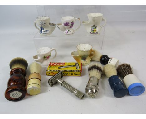 5 Vintage mini shaving jugs, 2 vintage razors and 5 shaving brushes.