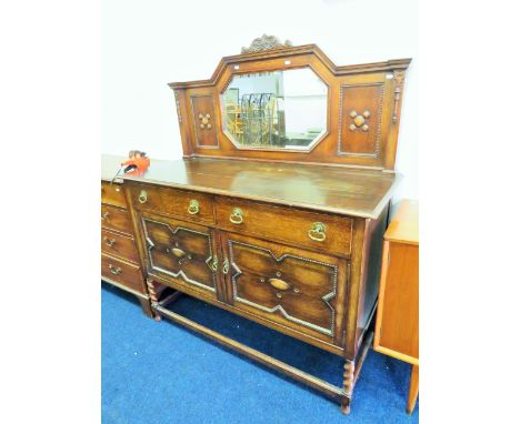 Late 19th Century, Art Nouveau style Chiffonier with bevelled glass mirror back, short spiral turned legs. Carved pellets Dec