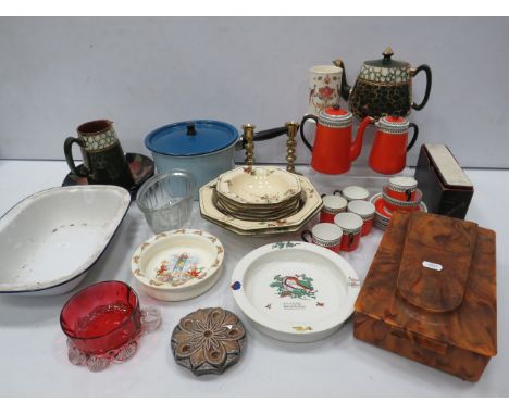 Large mixed lot to include a Maling coffee set, Enamel pan and bowl, baby dishes etc.