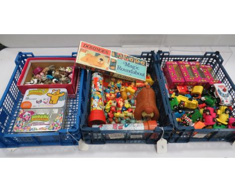 Three trays of assorted childrens toys by PG tips, Magic Roundabout and Moshi Monsters. See photos. 