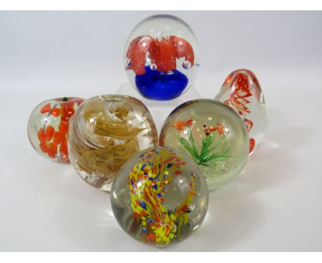 6 Art glass paperweights including one by Alum Bay.