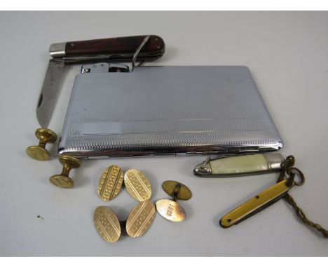 Pair of 10ct gold front cufflinks, penknife, cigarette case/lighter etc.