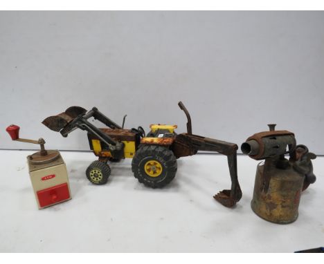 Vintage Tonka tractor, a coffee grinder and a blow torch.