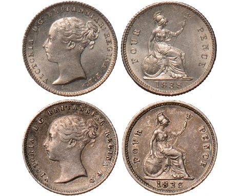 British Coins, Victoria, groats (2): 1838; 1838/∞, young head l., rev. Britannia std. r. with shield and trident (S.3913), ve