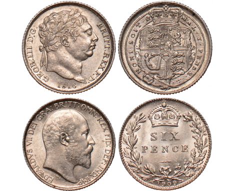 British Coins, George III, sixpence, 1816, laur. head r., rev. crowned shield within Garter (S.3791); Edward VII, sixpence, 1