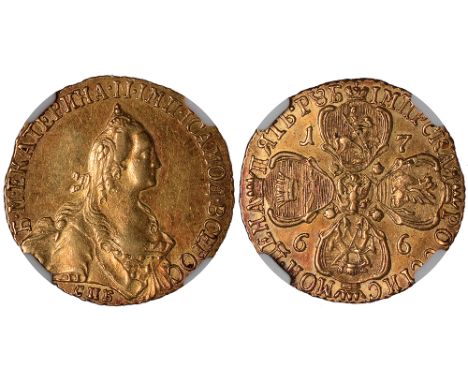 Foreign Coins and Medals, Russia, Catherine II, the Great, 5 roubles, 1766, bust r., rev. crowned shields in cruciform, date 