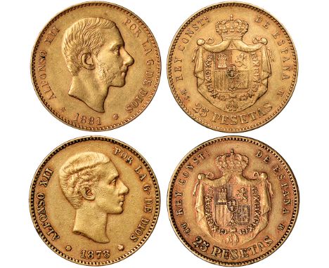 G Foreign Coins and Medals, Spain, Alfonso XII, 25 pesetas (2): 1878DE; 1881MS, Madrid, bare head r., rev. crowned shield of 