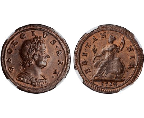British Coins, George I, halfpenny, 1719, ornate shoulder straps, laur. bust r., rev. Britannia std. l., with shield and spea