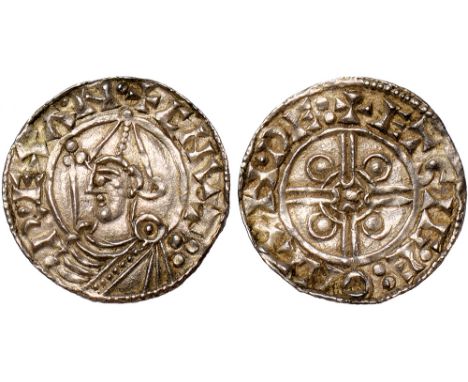 British Coins, Cnut, penny, pointed helmet type (1016-1035), BMC XIV, London, Etsige, bust with a pointed helmet and sceptre 