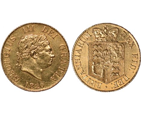 G British Coins, George III, half sovereign, 1820, laur. head r., rev. crowned shield of arms (S.3786), gilt and possibly ex-