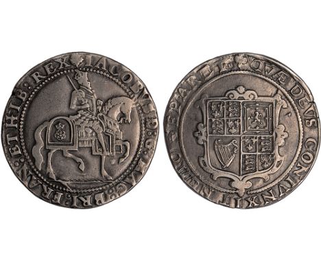 British Coins, James I, third coinage, crown, mm. trefoil (1624), grass ground line, no stops on reverse, crowned figure of k