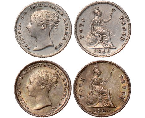 British Coins, Victoria, groats, 1840 (2), one with small round 0, young head l., rev. Britannia std. r. with shield and trid