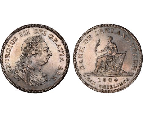 Irish Coins, Ireland, George III, Bank of Ireland, six shillings, 1804, laur. bust r., rev. Hibernia std. l. with harp, date 