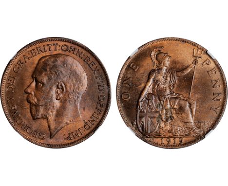 British Coins, George V, penny, 1919H, Heaton mint, H to l. of date, bare head l., rev. Britannia std. r., with shield and tr