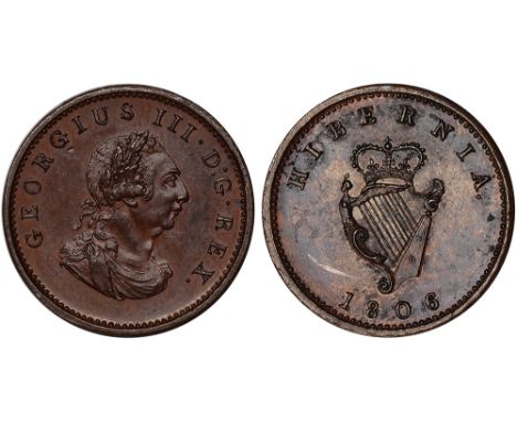 Irish Coins, Ireland, George III, proof farthing, 1806, in bronzed copper, no stop after date, laur. and dr. bust r., rev. HI