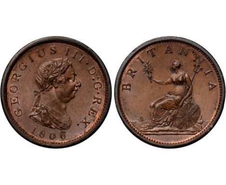 British Coins, George III, penny, 1806, laur. bust r., rev. Britannia std. l., holding trident and olive branch (S.3780), som