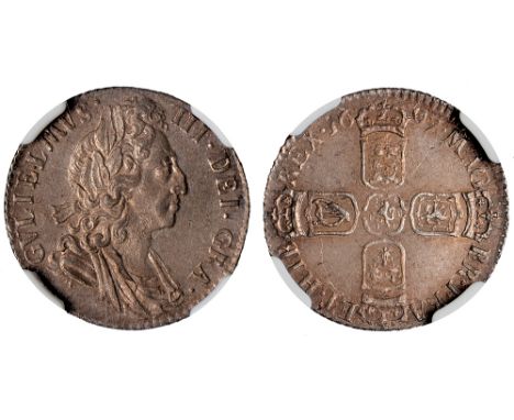 British Coins, William III, sixpence, 1697, third laur. and dr. bust r., rev. crowned cruciform shields (S.3538; ESC.1566; Bu