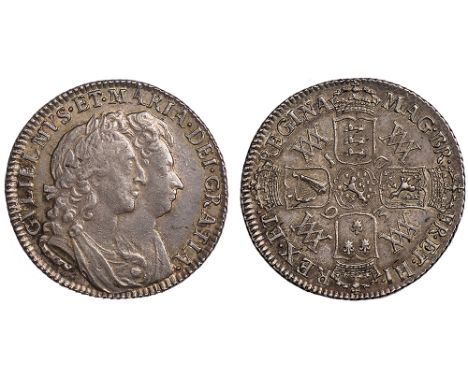 British Coins, William and Mary, shilling, 1693, conjoined laur. busts r., rev. crowned cruciform shields, interlinked WMs in