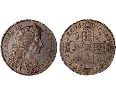 British Coins, Charles II, halfcrown, 1674, V. SEXTO, fourth laur. bust r., rev. crowned cruciform shields, interlinked Cs in