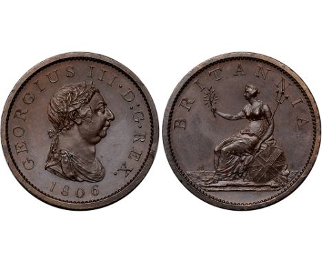 British Coins, George III, proof penny, 1806, laur. bust r., rev. Britannia std. l., holding trident and olive branch (S.3780