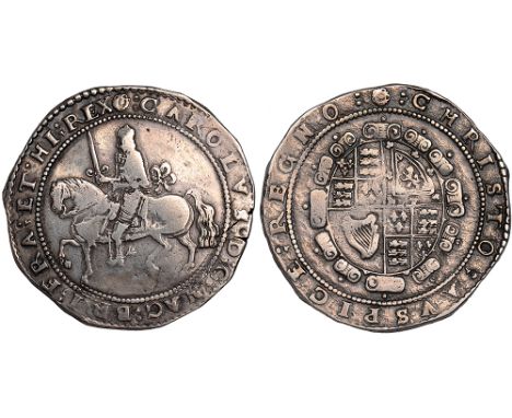 British Coins, Charles I, crown, Truro mint (1642-1643), mm. rose, crowned figure of king on horseback l., brandishing sword,