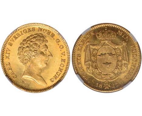 G Foreign Coins and Medals, Sweden, Carl XIV Johan, ducat, 1837CB, bare head r., rev. crowned mantled shield of arms (KM.628a